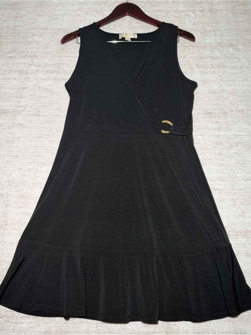 Michael Kors Black Sleeveless Midi Wrap Dress with Gold Buckle